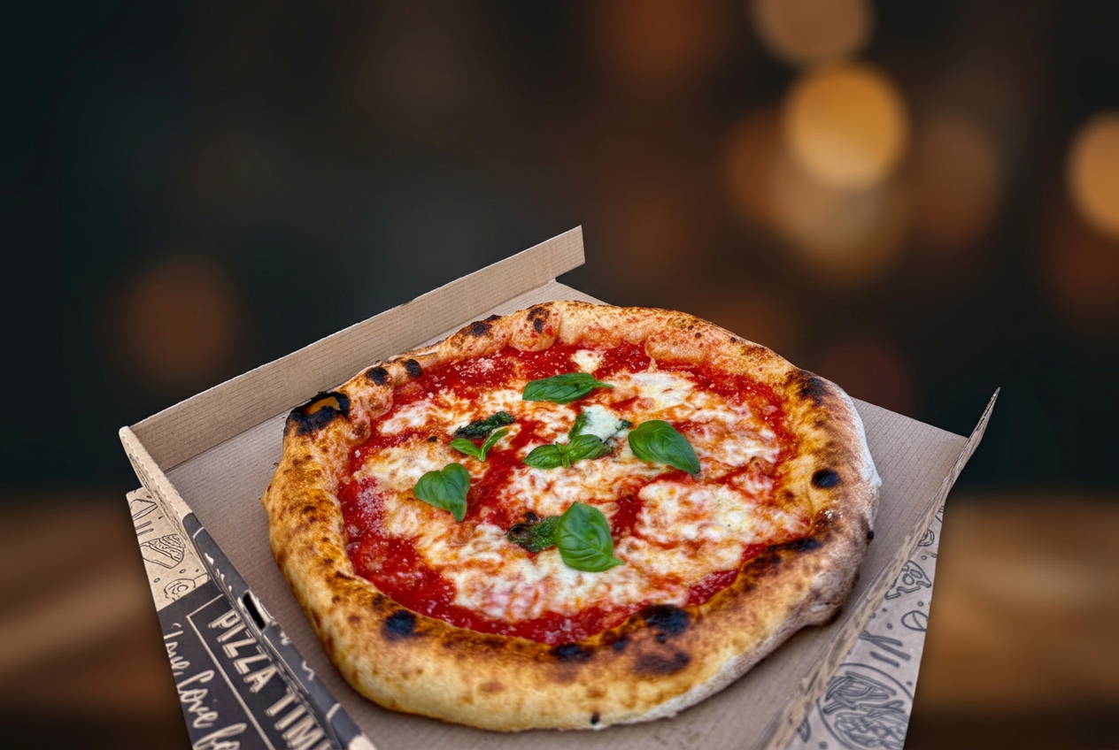 Pizza Margherita proaspătă în cutia de carton la Pizza Mia di Napoli
